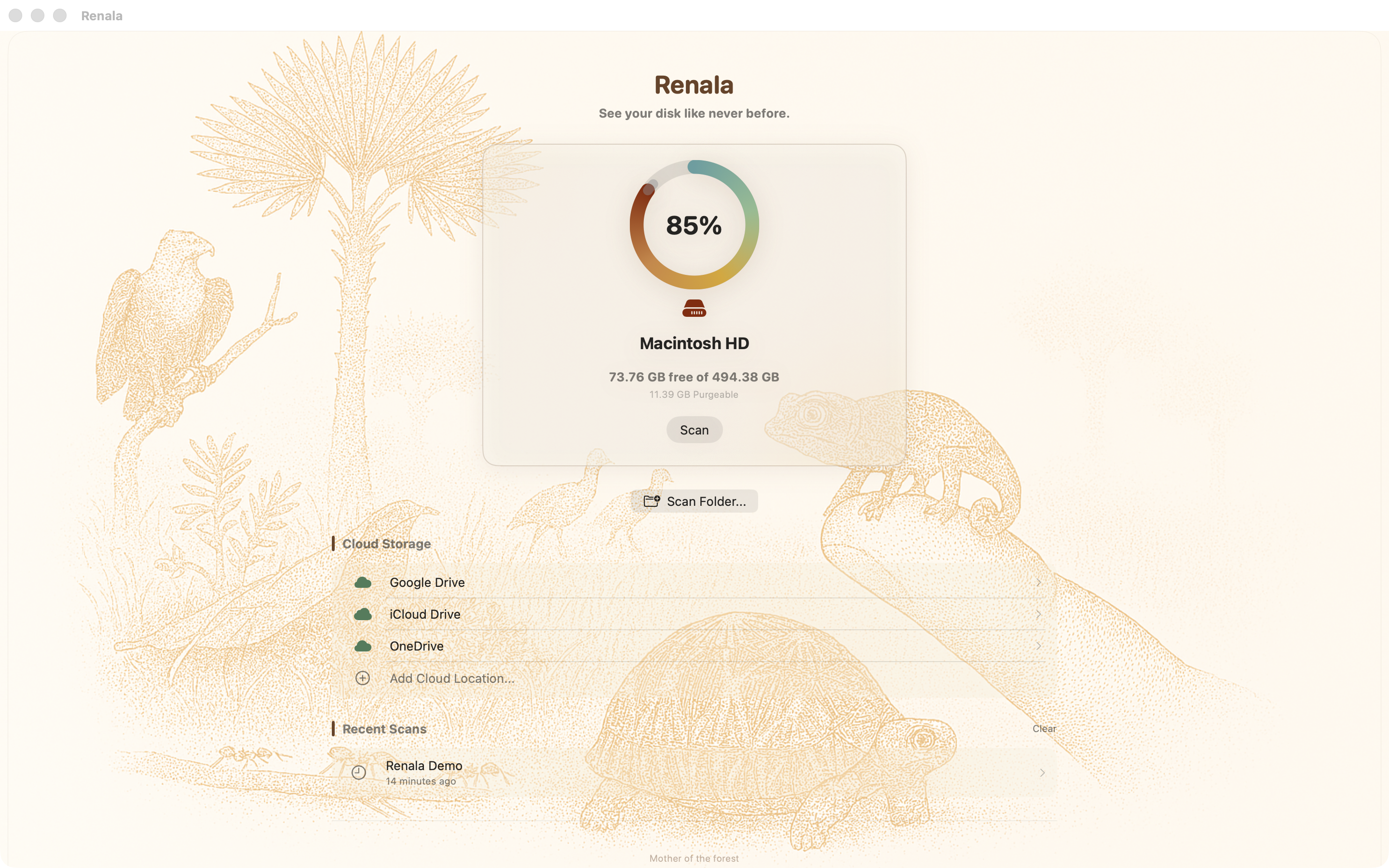 Renala volume selection screen showing available volumes while the app is idle, ready to scan