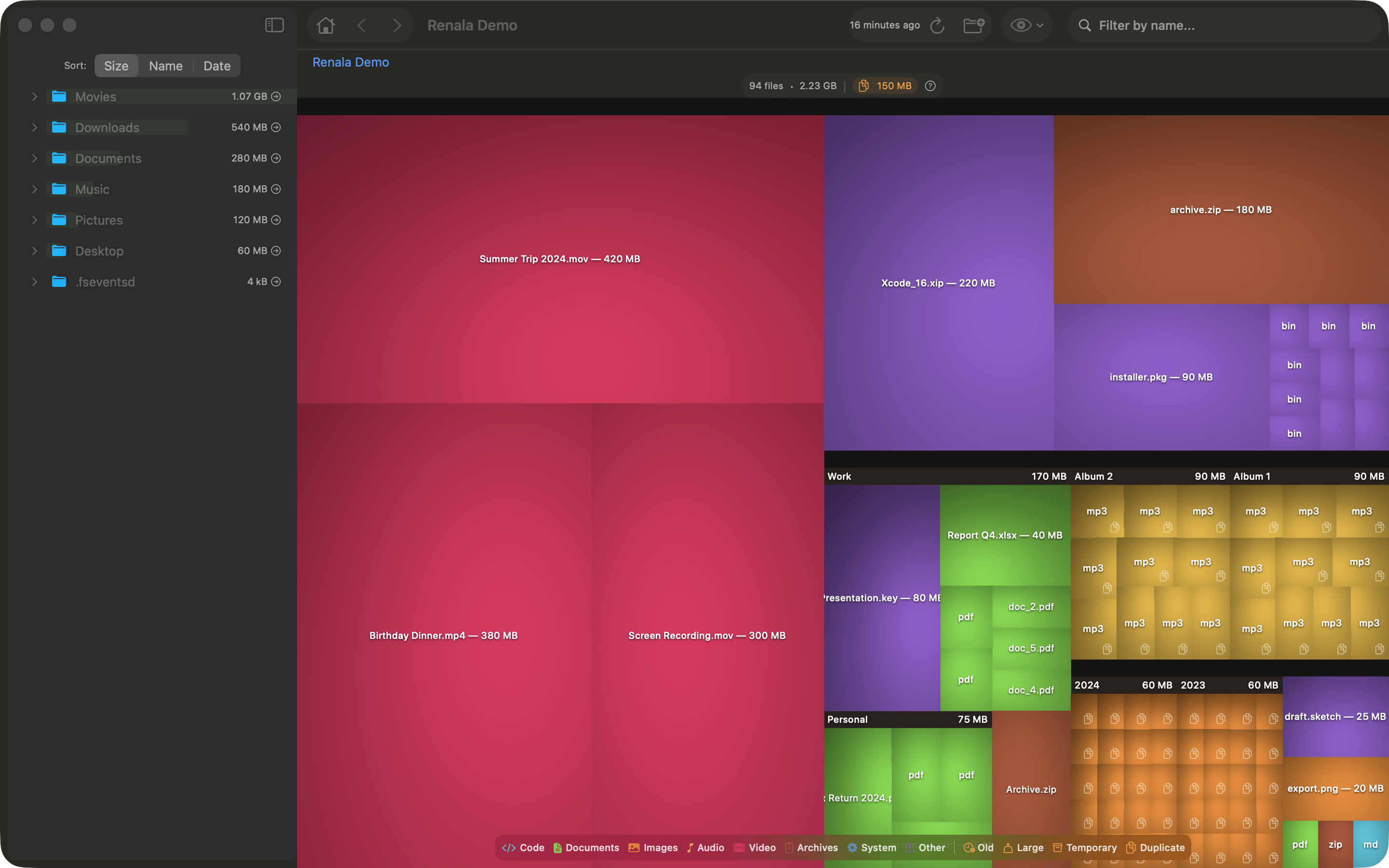 Renala treemap in dark mode, showing cushion shading is equally effective against a dark background